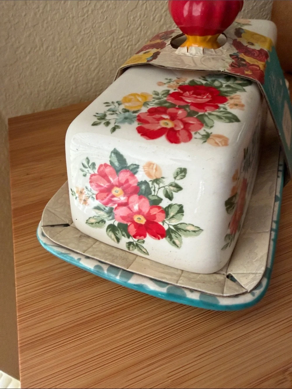 The Pioneer Woman White Butter Dish with Red and Yellow Floral Accents